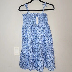 NWT Janie and Jack Blue White Floral Smocked cotton dress. Size 14